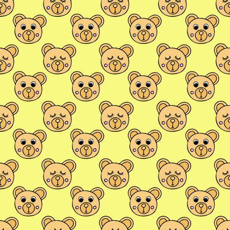 bears with closed and open eyes hand drawn doodle style seamless pattern. decor children's textiles, wrapping paper, baby shower, for newborns, yellowの写真素材