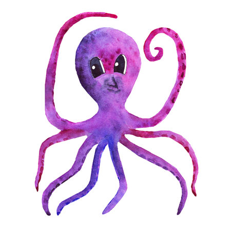 cute octopus purple pink isolated on white background. Watercolor hand drawn. sea ocean animal. Greeting card for a newborn, sticker, icon. Children, baby shower decorの写真素材