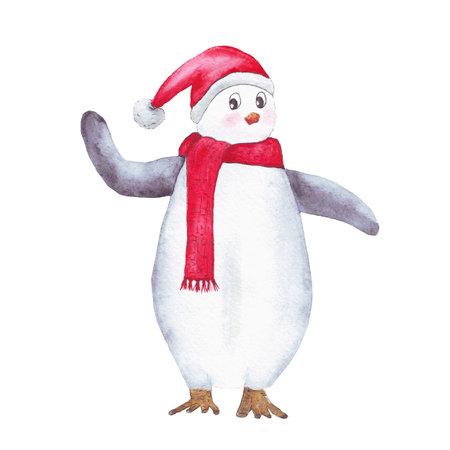watercolor cute penguin wearing a santa claus hat and a red scarf smiling and waving his finの写真素材