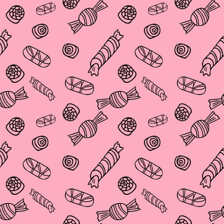 candy hand drawn doodle style seamless pattern. sweets, candies, chocolates. scandinavian simple liner styleの写真素材