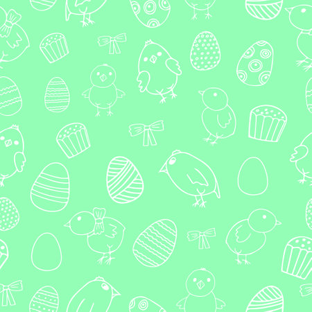 Easter eggs and chickens seamless pattern hand drawn in doodle style. green background for textile, wrapping paper, wallpaper. birds, holiday, christian, spring, aprilの写真素材