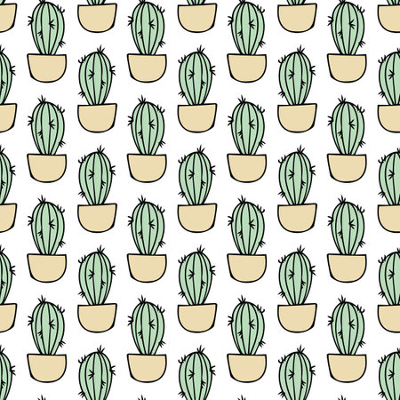 Cactus in a pot hand drawn seamless pattern in scandinavian style. cute doodle succulent. plant...