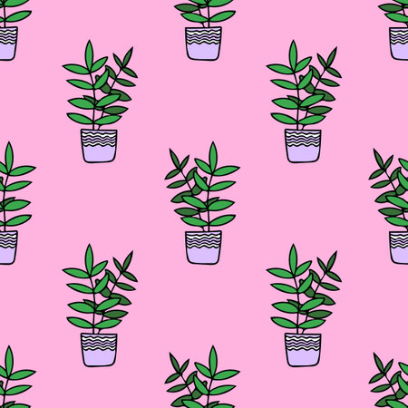 ficus in a pot hand drawn seamless pattern on a pink background. houseplant, gardeningの写真素材