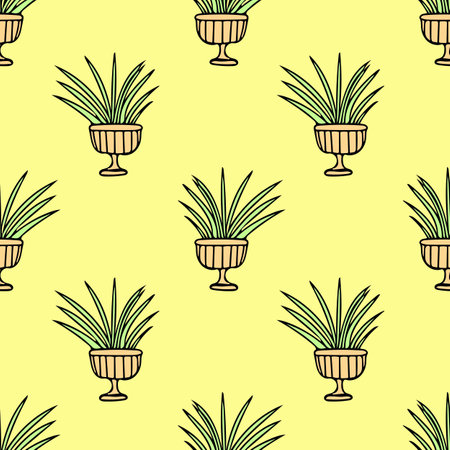 potted plant hand drawn seamless pattern on a yellow background. houseplant, gardeningの写真素材