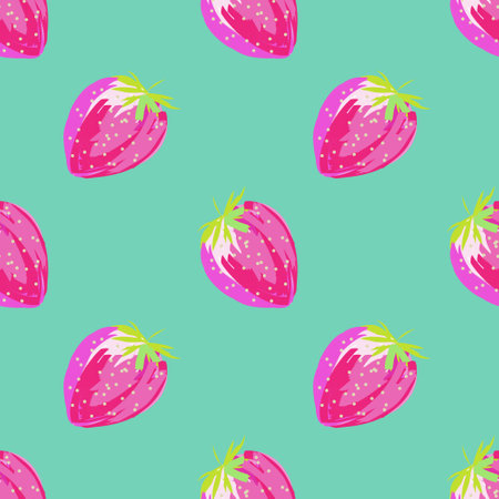 Digital strawberry seamless pattern on a blue background. sweet summer berry wallpaper. delicious fresh dessert pink backgroundの写真素材