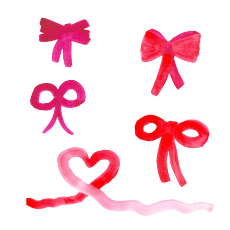 watercolor ribbon with hearts and bows of red and pink set elements on a white background. collection of elements for decoration card, banner, poster, invitation to Valentine's day, wedding.の写真素材