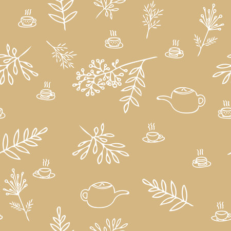 autumn leaves, teapots, cups hand drawn seamless pattern. cozy home, hygge, cute. white lines on a craft brown background. tea, coffee, cafe, restaurant, tablecloth wrapping paperの写真素材