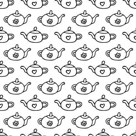 teapots with stripes seamless pattern in hand drawn doodle scandinavian style. Template for kitchen and cafe textiles, menu decor, banner, wrapping paper. tea, warm drinks. cozy houseの写真素材