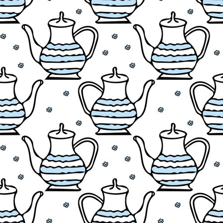 teapots with stripes and blue flowers seamless pattern in hand drawn doodle scandinavian style. Template for kitchen and cafe textiles, menu decor, banner, wrapping paper. tea, warm drinks. cozy houseの写真素材