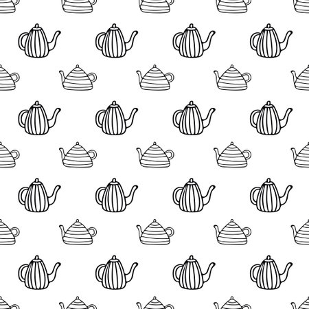 teapots with stripes seamless pattern in hand drawn doodle scandinavian style. Template for kitchen and cafe textiles, menu decor, banner, wrapping paper. tea, warm drinks. cozy houseの写真素材