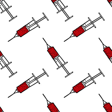 syringe with needle hand drawn in doodle minimalism style seamless pattern. design paper, textile, banner, background. medicine, injection, analysis, clinic, hospital, treatment, health diseaseの写真素材
