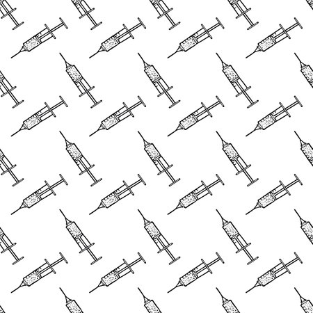 syringe with needle hand drawn in doodle scandinavian minimalism style seamless pattern. design paper, textile, banner, background. medicine, vaccine, injection, analysis, clinicの写真素材