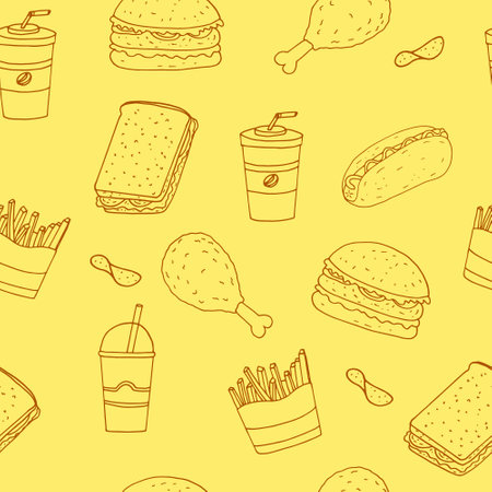 fast food seamless pattern hand drawn in doodle style. linear drawing minimalism, monochromeのイラスト素材