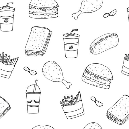 fast food seamless pattern hand drawn in doodle style. linear drawing minimalism, monochromeのイラスト素材