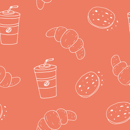 coffee, croissant and cookies seamless pattern hand drawn in doodle style. food background, wallpaper, textile, wrapping paper, wallpaper. minimalism, monochrome, Scandinavianのイラスト素材
