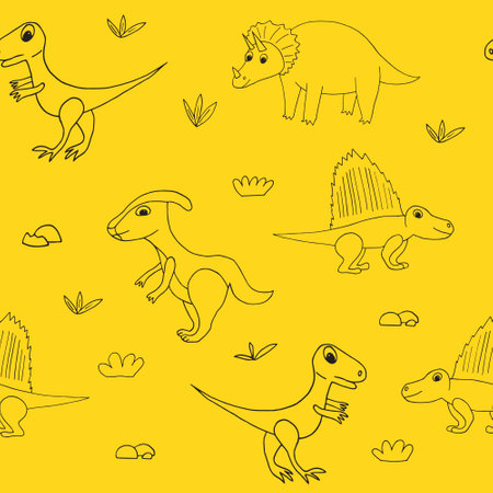 dinosaurs seamless pattern hand drawn in doodle style. Suitable for decorating children's rooms and clothing, wallpaper, textiles, wrapping paper, background. Scandinavian simple minimalism monochromeのイラスト素材