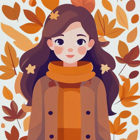 girl autumn and leaves illustration in flat style. autumn colors - brown, orange.の素材