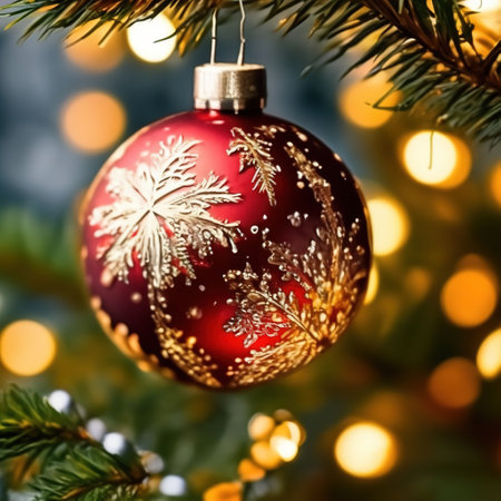Christmas ball hanging on a branch against a background of bokeh lights. Christmas and New Year cardの素材