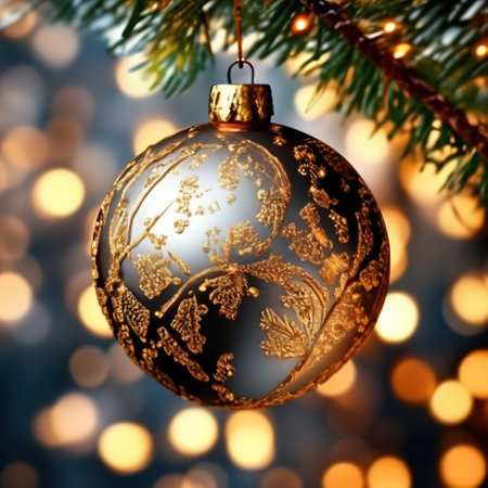 Christmas ball hanging on a branch against a background of bokeh lights. Christmas and New Year cardの素材