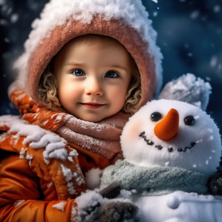 little cute girl with a snowman. winter portrait fabulous atmosphere. snowflakes. christmas cardの素材
