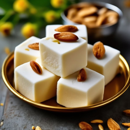 Sandesh Indian dessert on a beautiful plate. illustration in realistic styleの素材