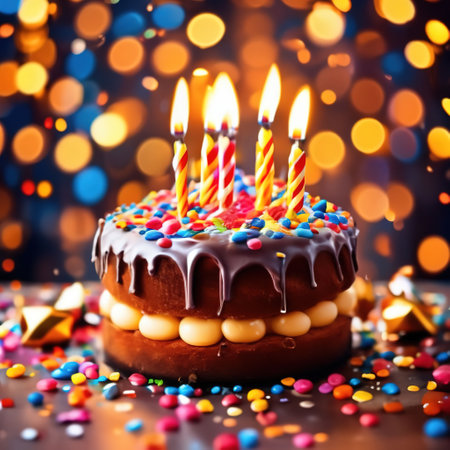 cake with candles on a background of bokeh lights. illustration in realistic style. birthday cardの素材
