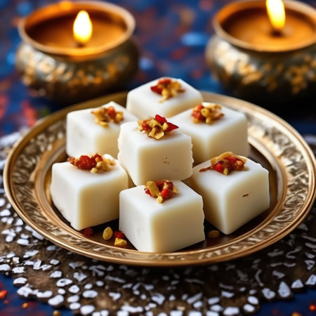 Sandesh Indian dessert on a beautiful plate. illustration in realistic styleの素材