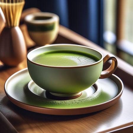 a cup of matcha tea on a cafe table. drinkの素材