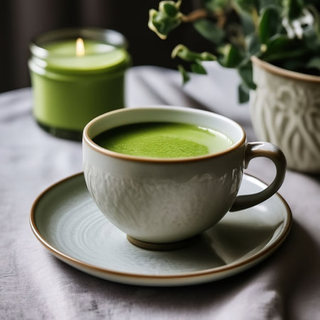 a cup of matcha tea on a cafe table. drinkの素材
