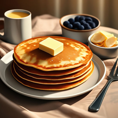 pancakes on a plate. There is a tablecloth and cutlery for breakfast on the table. delicious dessertの素材