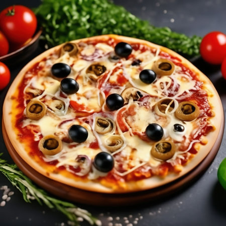 pizza on a wooden dish on the table, tomatoes and herbs around. delicious foodの素材