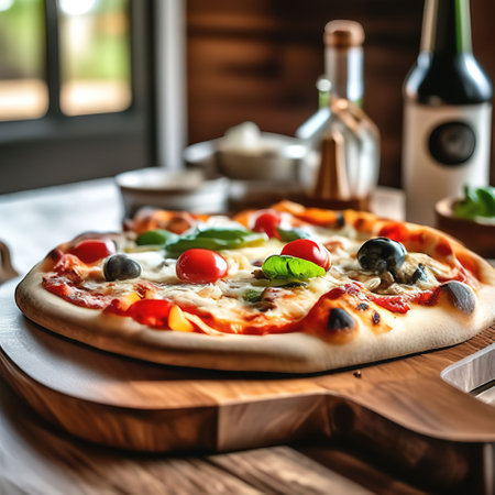 pizza on a wooden dish on the table, tomatoes and herbs around. delicious foodの素材
