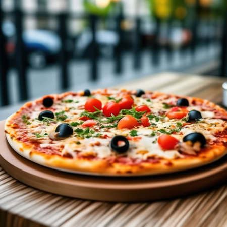 pizza on a wooden dish on the table of the street cafe. delicious foodの素材