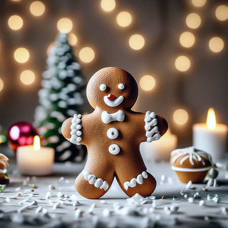 gingerbread man on a background of bokeh lights. Christmas card. holiday food and decorationsの素材