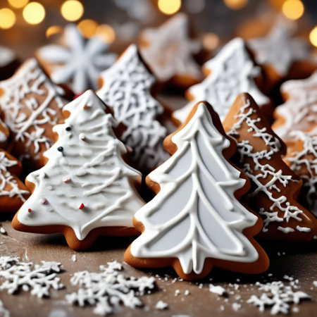 gingerbread Christmas tree on a background of bokeh lights. Christmas card. holiday food and decorationsの素材