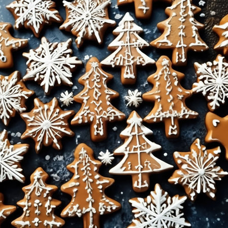 gingerbread Christmas trees and snowflakes on a background of bokeh lights. Christmas card. holiday food and decorationsの素材