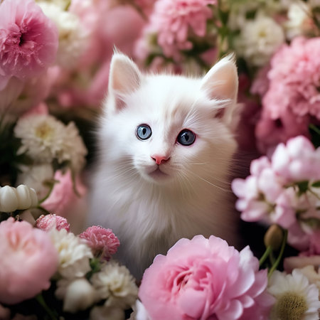 a white kitten peeks out from pink flowers. cute petの素材
