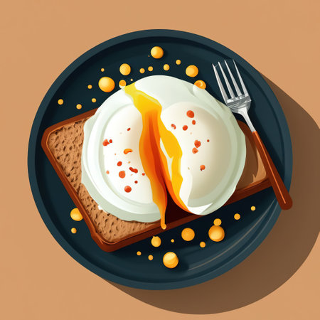 poached egg cut on a piece of bread on a plate. food in restaurant and cafe. illustration in flat styleの素材