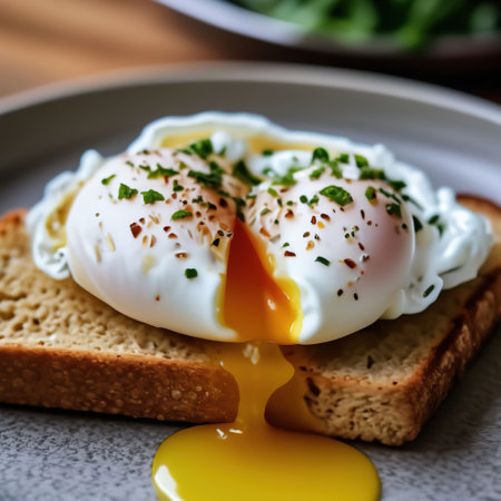 poached egg cut on a piece of bread on a plate. food in restaurant and cafeの素材