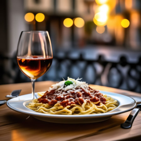 Bolognese pasta with minced meat and cheese. Italian dishの素材