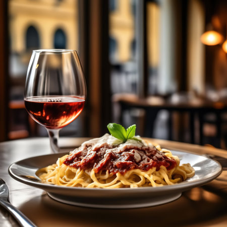 Bolognese pasta with minced meat and cheese. Italian dishの素材