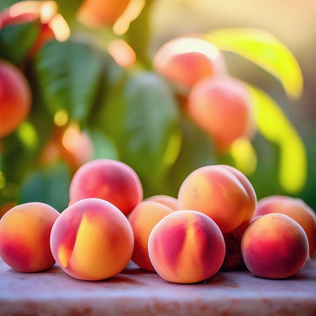 peaches background with place for text. summer fruitsの素材