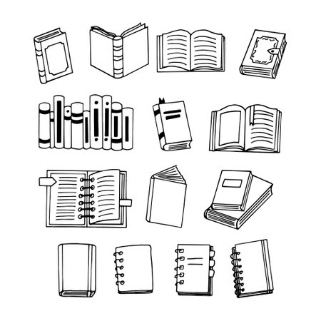 books and notebook set icon. sketch hand drawn doodle style. vector, minimalism, monochrome. library, learning reading writingのイラスト素材