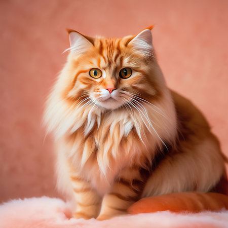 fluffy red cat against the background of the color of the year 2024 peach fuzz. suitable for poster, card, calendarの素材