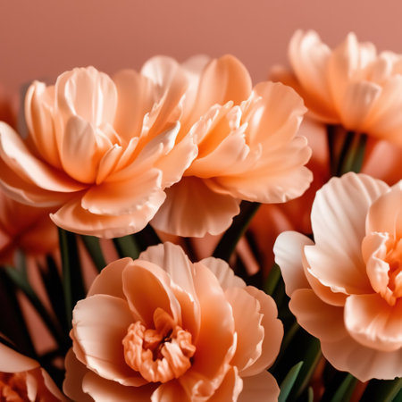 spring flowers on a bright background. holiday border, card. trendy color of the year 2024 peach fuzzの素材