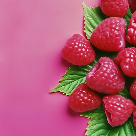 raspberries on a pink background with space for text. berries fruits on a bright juicy backgroundの素材