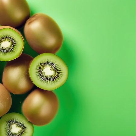kiwi on a green background with space for text. fruits on a bright juicy backgroundの素材