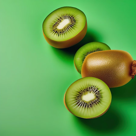 kiwi on a green background with space for text. fruits on a bright juicy backgroundの素材