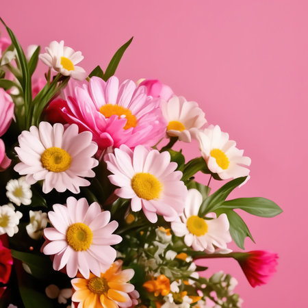 bouquet of flowers on a bright pink background with space for text. template for card, bannerの素材