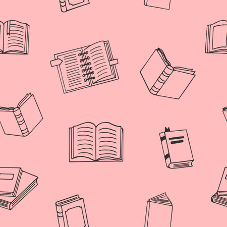 books seamless pattern. hand drawn doodle style. vector, minimalism, monochrome, sketch. wallpaper, textile, wrapping paper background reading education bookstore scienceのイラスト素材